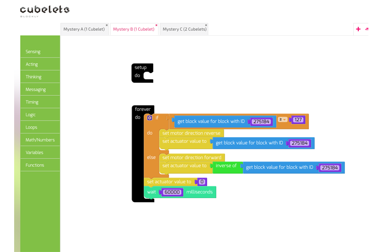 An example of the Cubelets Blockly interface