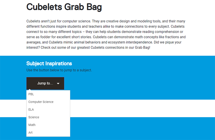 The Cubelets GrabBag is a place where single lesson plans and inspirations such as a project based learning prompt reside.