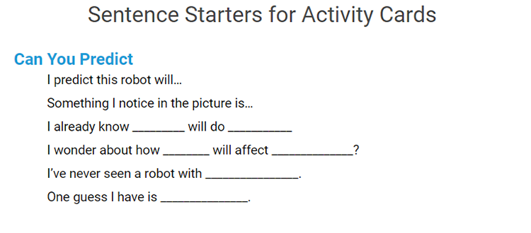Example Sentence stems to use with Cubelets Activity Cards